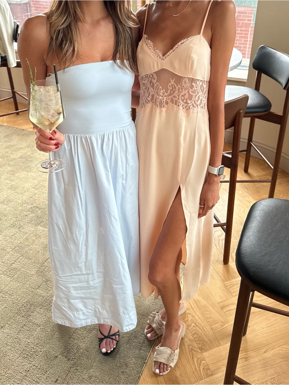 Lace-Panel Slip Midi Dress in Blush